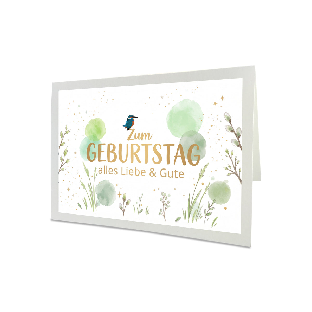 Naturweiße Geburtstagskarte im Querformat mit digital gemaltem Eisvogel, grünen Frühlings-Aquarelltupfern, Weidenkätzchen und hellgrünem Briefumschlag.