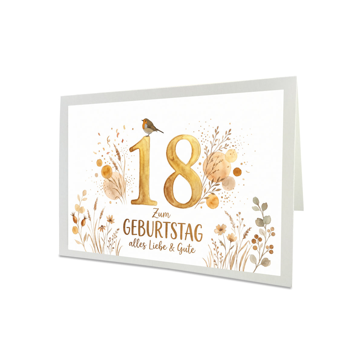 Handgefertigte Geburtstagskarte mit Rotkehlchen (mit Zahl 18 bis 90 oder ohne Zahl) inklusive goldenem Umschlag – naturweiße Klappkarte 12x17 cm