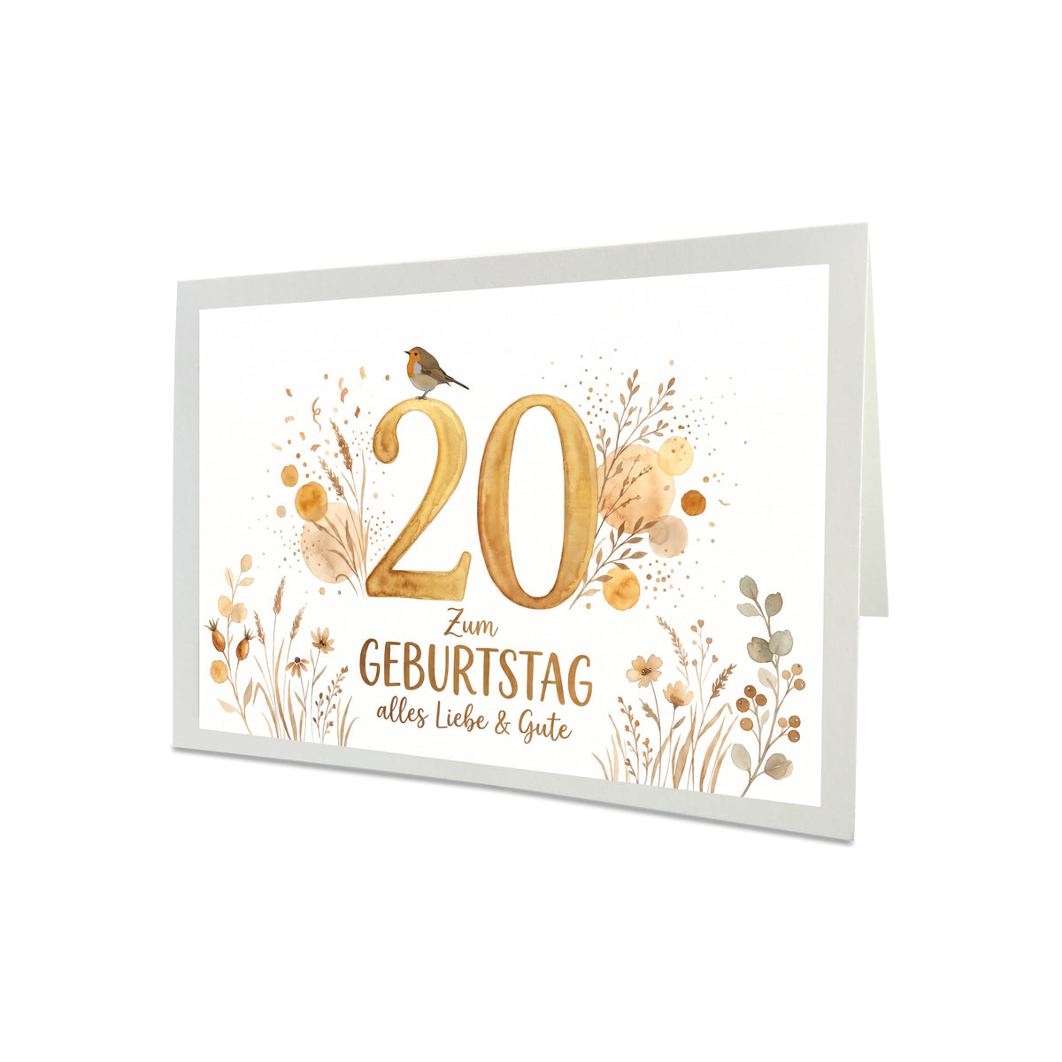 Geburtstagskarte Rotkehlchen – Handgefertigte Klappkarte inkl. Gold-Umschlag (Wunschzahl wählbar)
