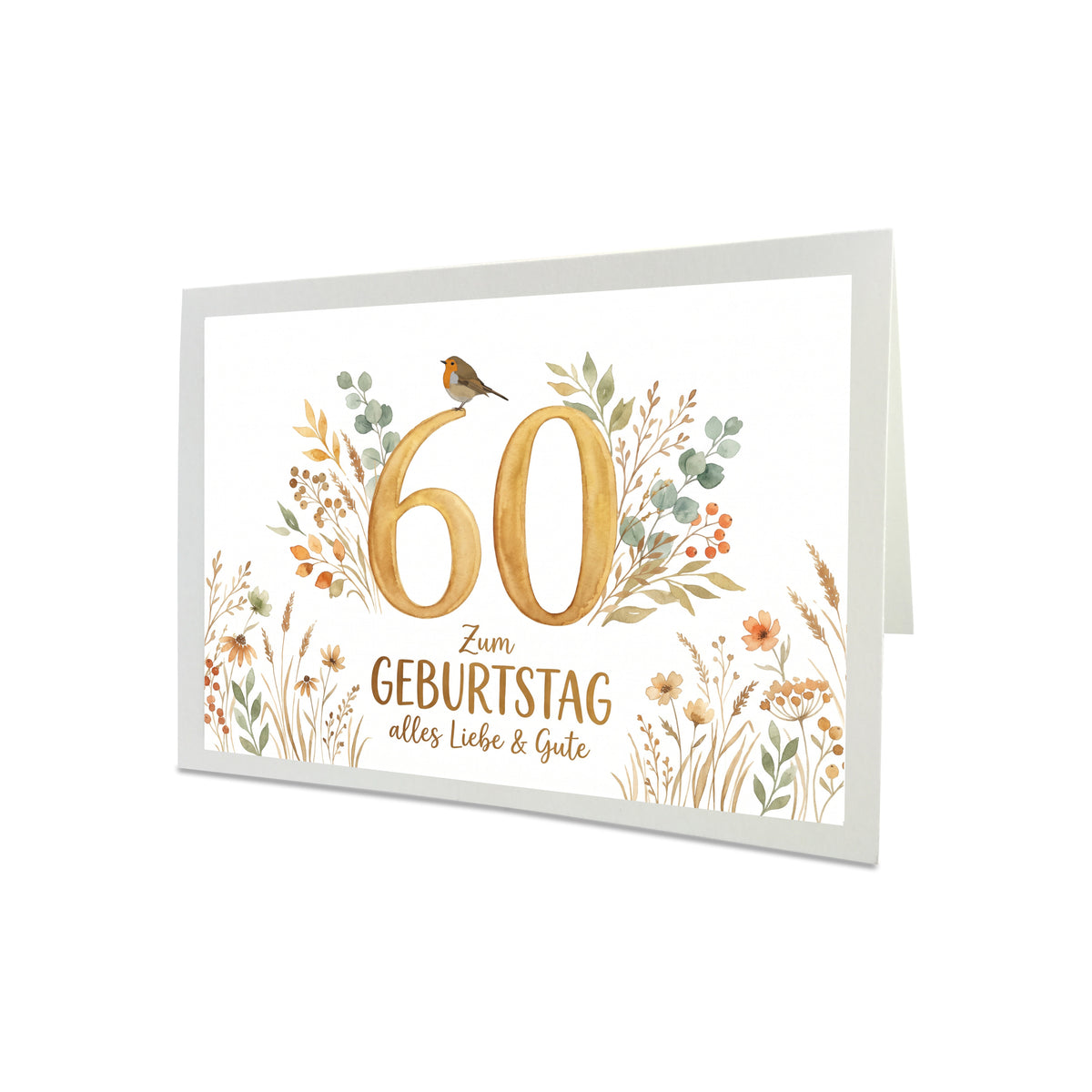 Handgefertigte Geburtstagskarte mit Rotkehlchen (mit Zahl 18 bis 90 oder ohne Zahl) inklusive goldenem Umschlag – naturweiße Klappkarte 12x17 cm