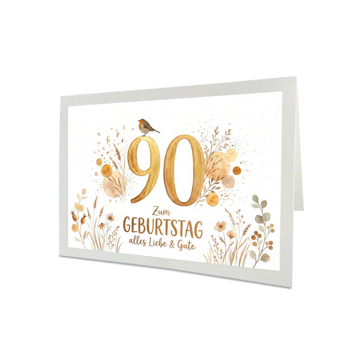 Geburtstagskarte Rotkehlchen – Handgefertigte Klappkarte inkl. Gold-Umschlag (Wunschzahl wählbar)