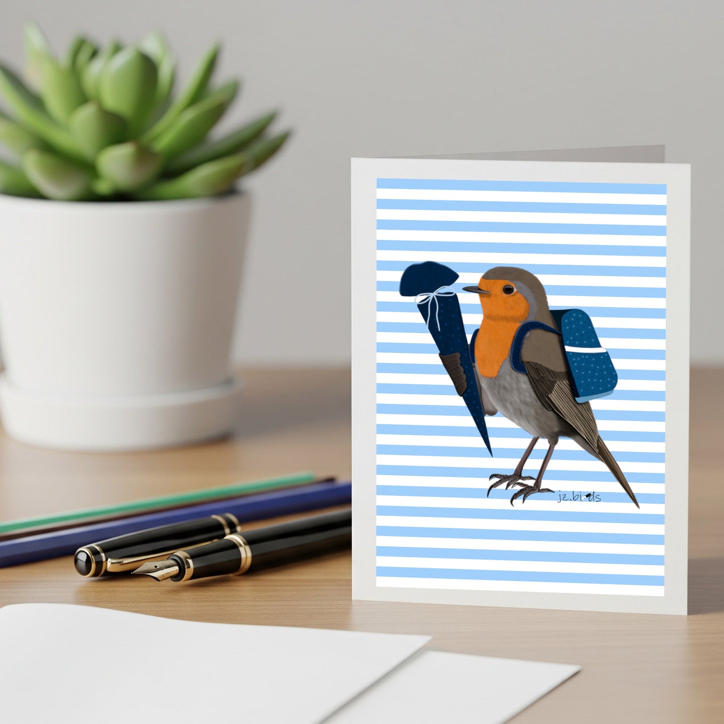 Glückwunschkarte zur Einschulung Rotkehlchen Vogelmotiv Blau/Rosa zum Schulanfang mit Umschlag
