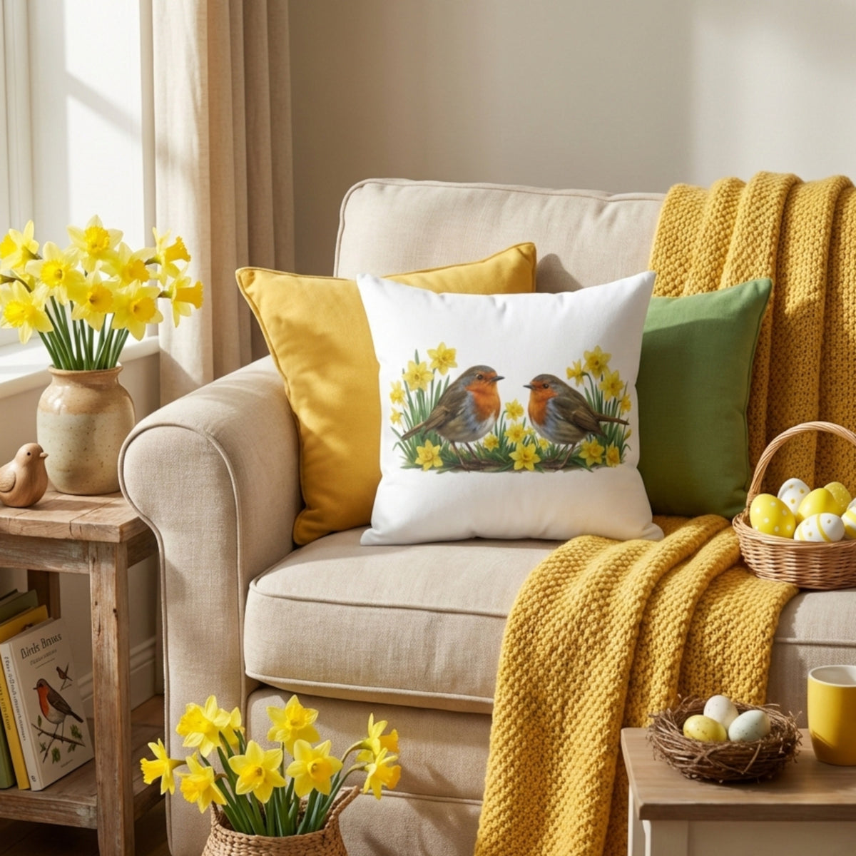 weißes kissen mit zwei rotkehlchen auf einem sofa mit oster dekorationen und osterglocken