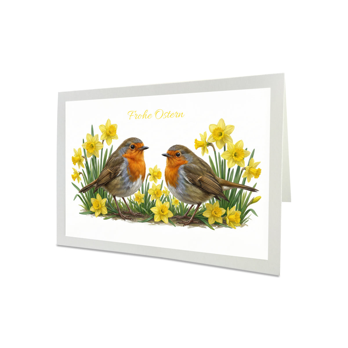 Illustrierte Osterkarte mit zwei Rotkehlchen, die zwischen gelben Osterglocken sitzen, Frühlingsmotiv.