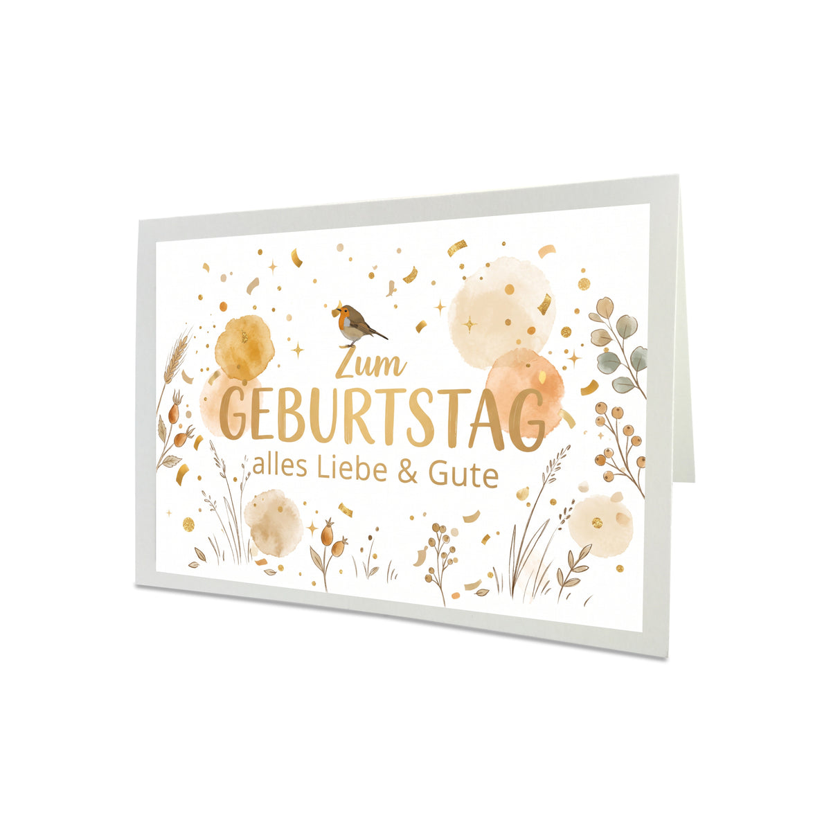 Geburtstagskarte Rotkehlchen – Handgefertigte Klappkarte inkl. Gold-Umschlag (Wunschzahl wählbar)