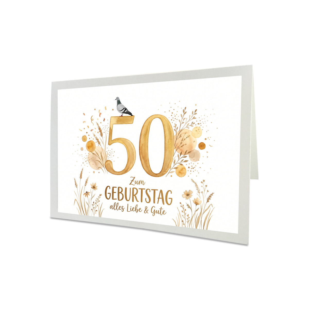 Handgefertigte Geburtstagskarte mit gemalter Taube und goldenem Umschlag – naturweiße Klappkarte 12x17 cm mit wählbarer Wunschzahl (18 bis 90)