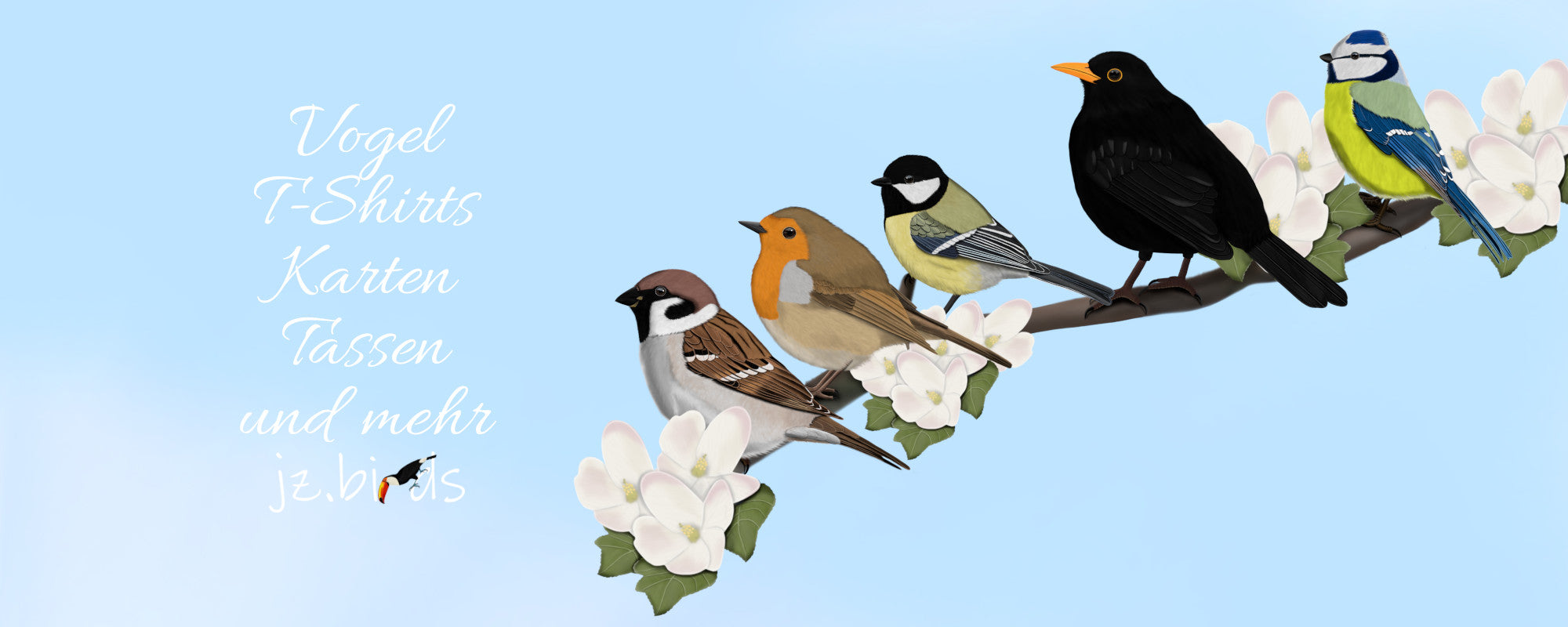 amsel rotkehlchen blaumeise meise vogel grußkarten tassen t-shirts sweatshirts kissen mit vogelmotiven für vogelfreunde und vogelbeobachter