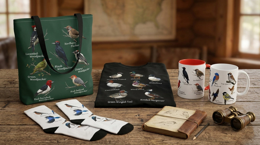 The Field Guide Collection displayed on a wooden table, featuring bird-themed products like a tote bag, coffee mugs, socks, and books. The items showcase illustrations of ducks, birds, and woodpeckers with their names written underneath.