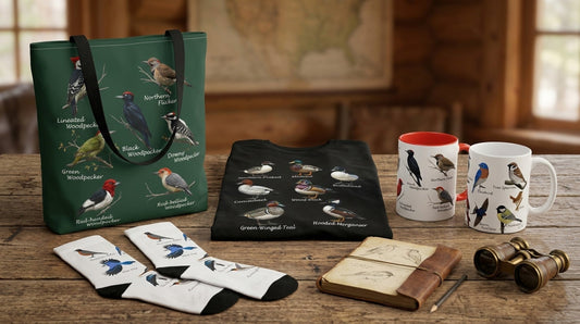 The Field Guide Collection displayed on a wooden table, featuring bird-themed products like a tote bag, coffee mugs, socks, and books. The items showcase illustrations of ducks, birds, and woodpeckers with their names written underneath.