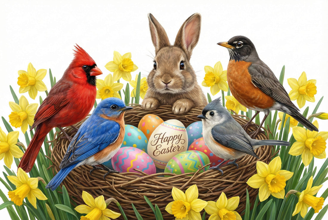 bunny and birds on a birds nest with easter eggs and daffodils
