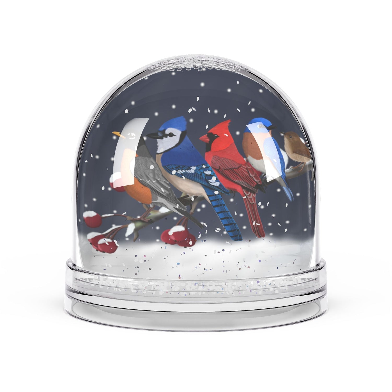 bird art snow globe with christmas winter illustration