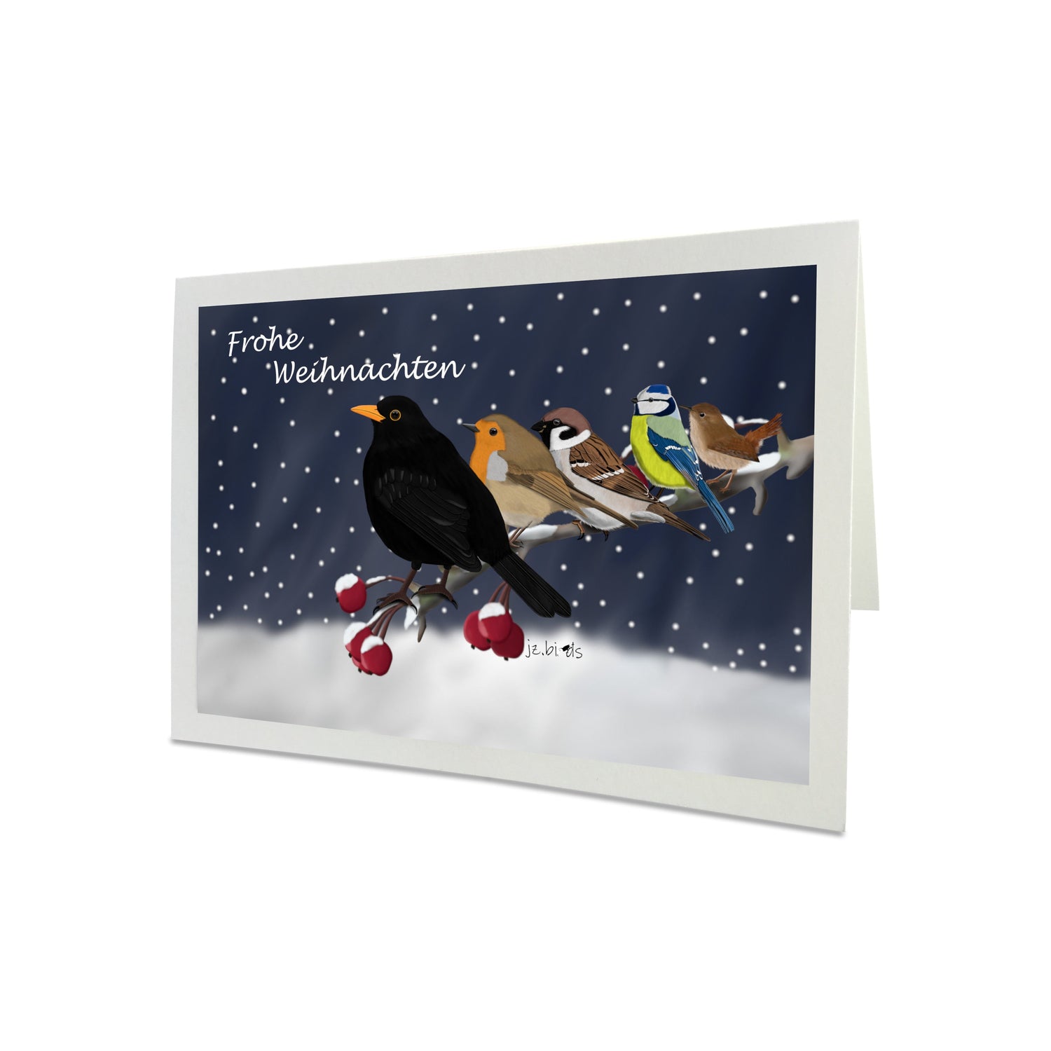 weihnachtskarten mit vogel amsel rotkehlchen blaumeise zaunkönig