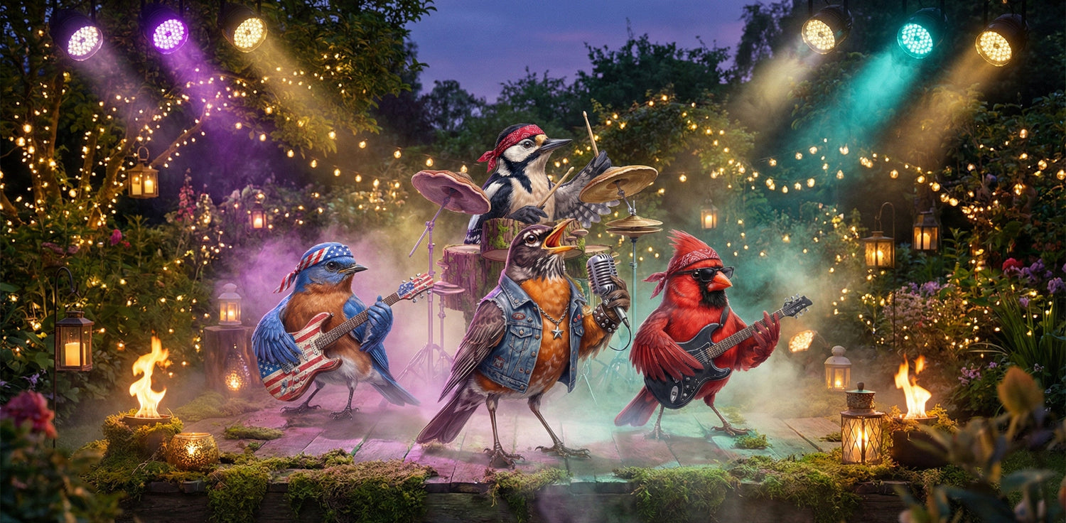 The Backyard Birds rock band performing live on a magical garden stage at night. Illustration of a Robin singer, Cardinal guitarist, Bluebird bassist, and Woodpecker drummer playing instruments amidst stage lights and fog.