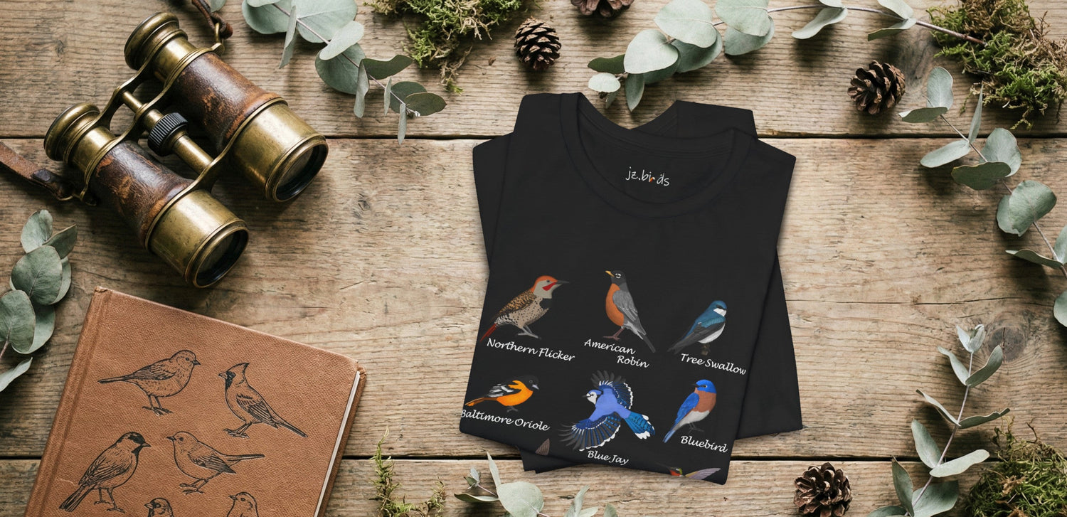 Flat lay showing The Field Guide Series t-shirt by jz.birds with vintage backyard bird illustrations like the Robin and Blue Jay, arranged with old binoculars, a leather notebook, leaves, and moss.