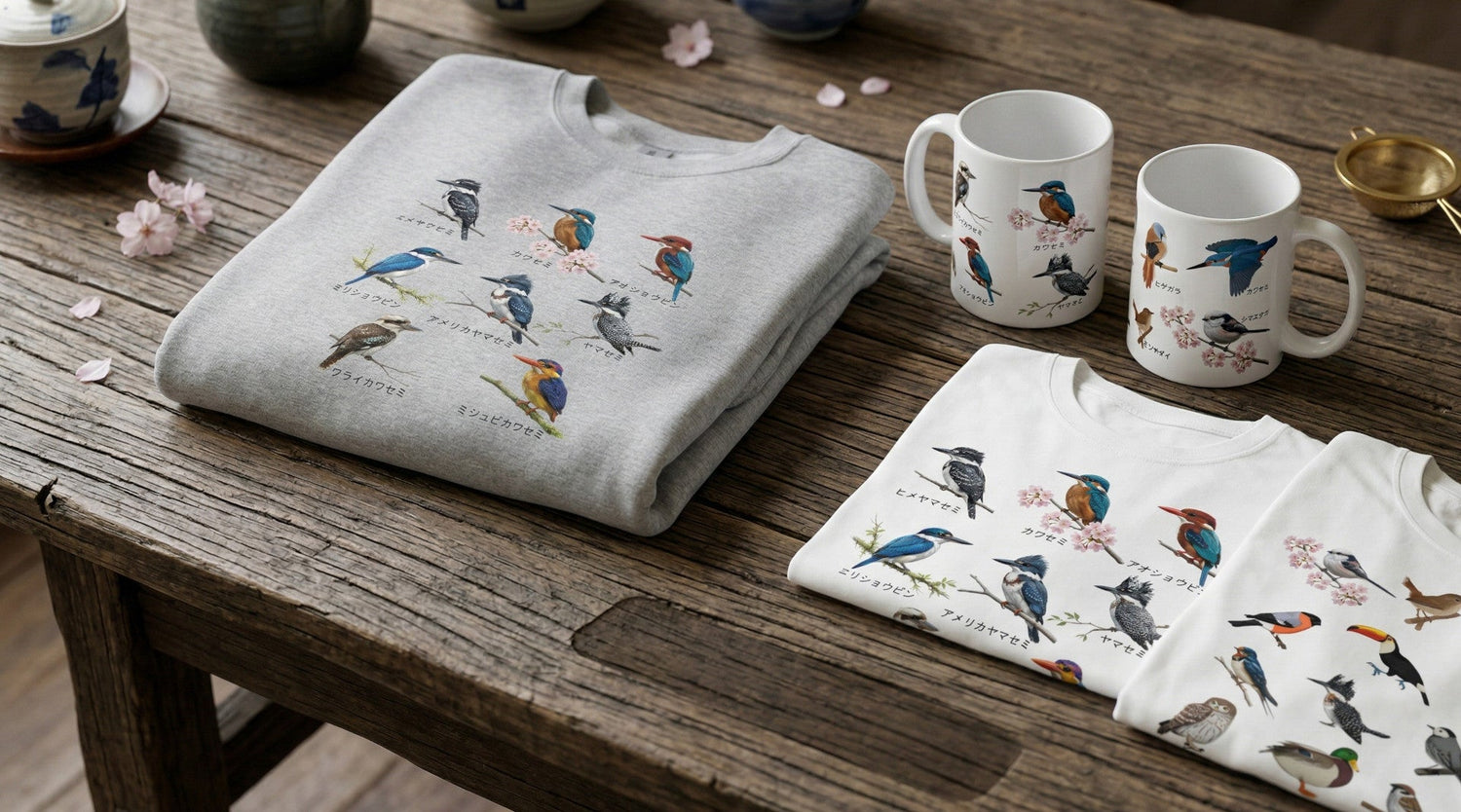 古い木製のテーブルに並べられた「野鳥図鑑コレクション」のマグカップ、Tシャツ、スウェット。美しい鳥のデザインと和風の装飾が調和しています。