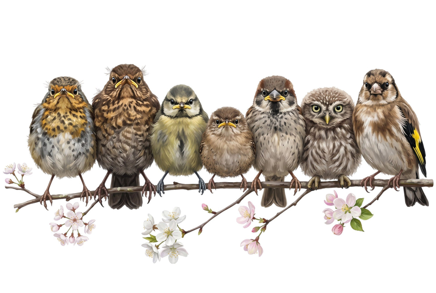 Eine hyperrealistische digitale Illustration von Rotkehlchen, Amsel, Steinkauz, Stieglitz, Blaumeise und Zaunkönig, die gemeinsam auf einem Ast sitzen.