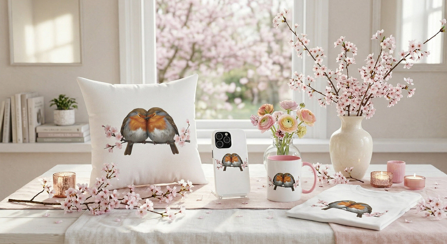 Ein weißer Tisch, dekoriert mit zarten Kirschblütenzweigen. Darauf arrangiert sind eine Tasse, ein Kissen und ein T-Shirt aus der jz.birds Frühlingskollektion, die alle mit farbenfrohen Vogel- und Kirschblütenmotiven bedruckt sind.