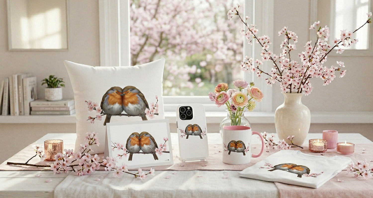A white table decorated with delicate cherry blossom branches. Arranged on it are a mug, a throw pillow, and a t-shirt from the jz.birds Spring Collection, all featuring colorful bird and cherry blossom designs.