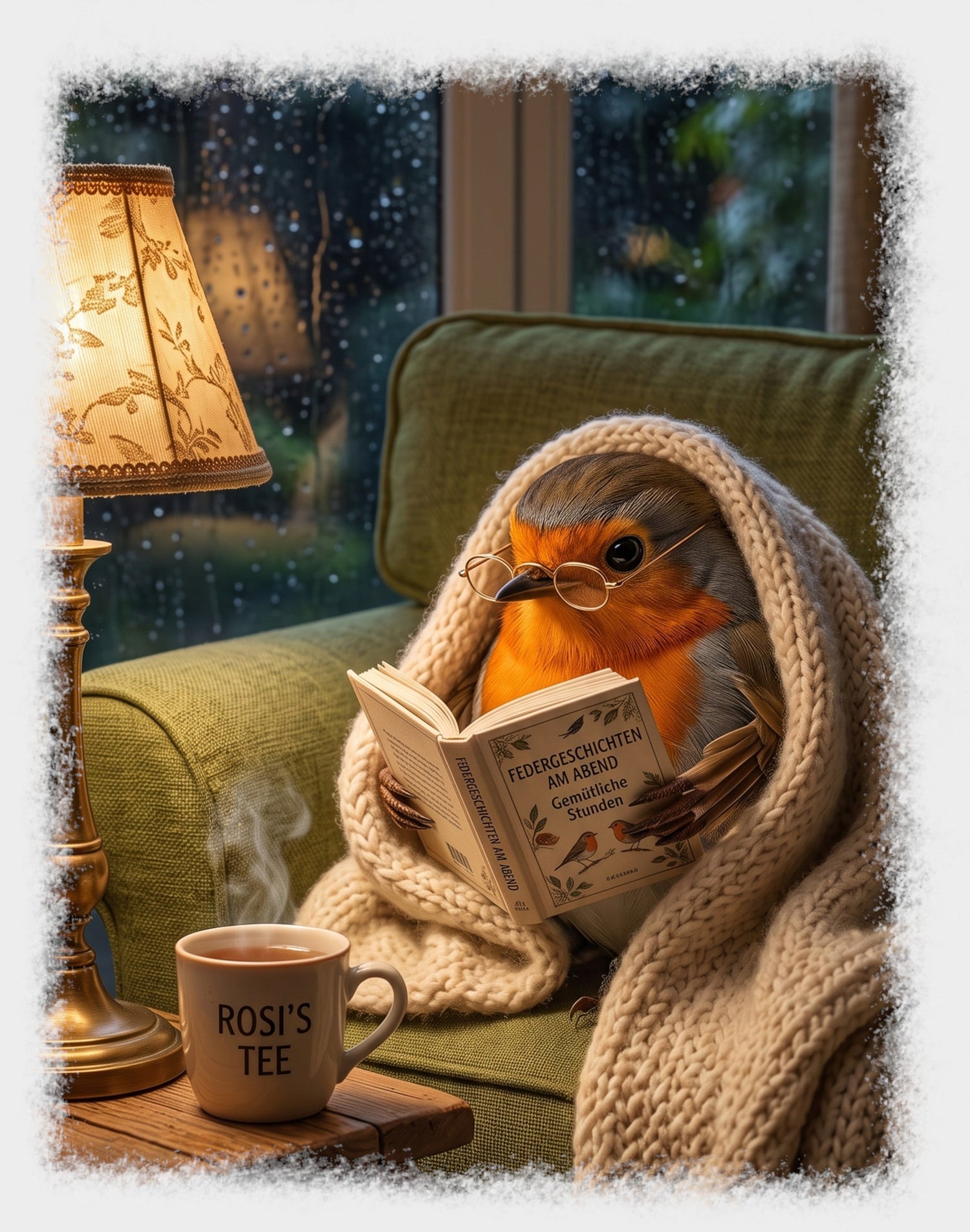 Digital gemalte Illustration eines niedlichen Rotkehlchens, das eingekuschelt auf dem Sofa ein Buch liest, gedruckt mit weichen, künstlerischen Acryl-Kanten.
