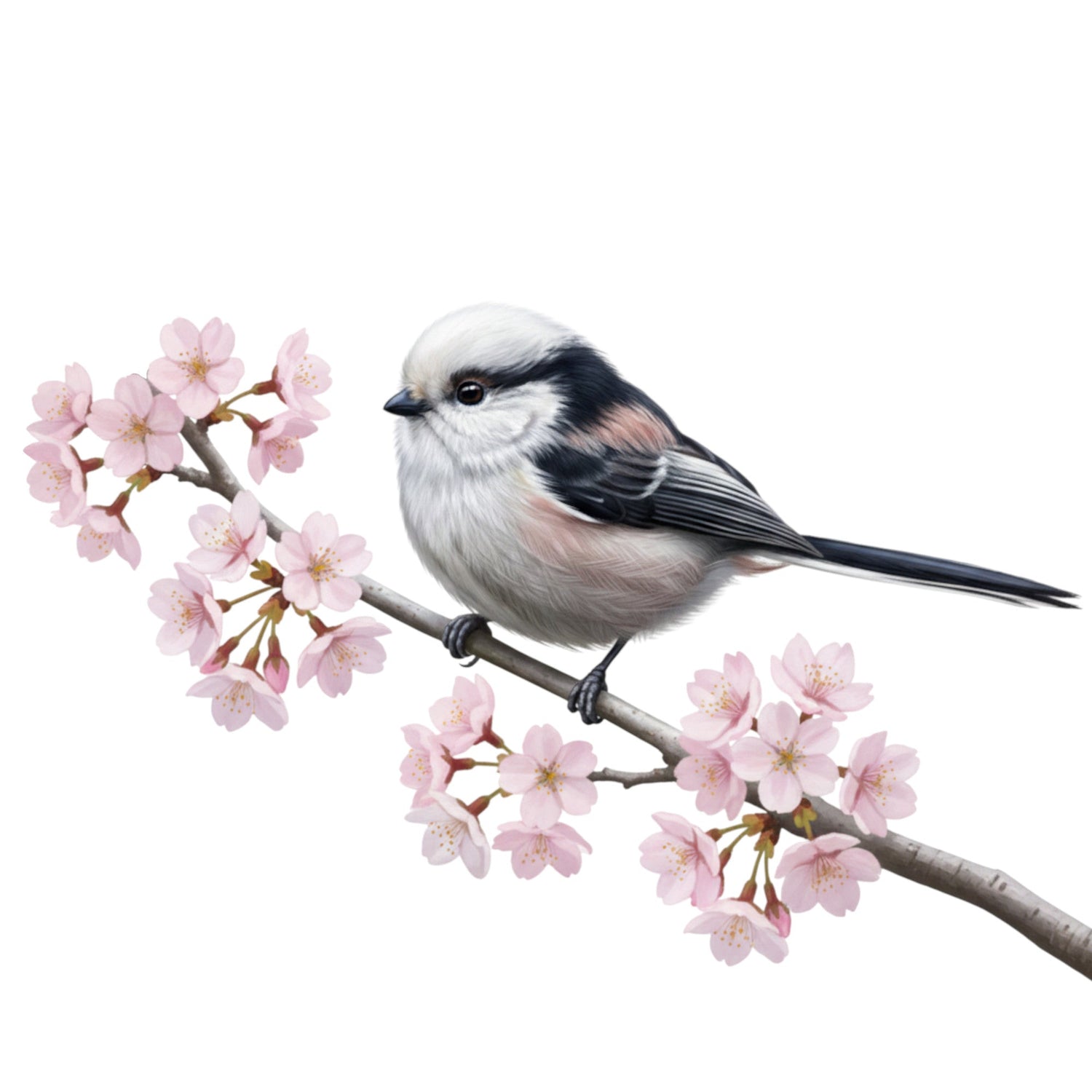 Eine detailreiche Illustration einer kugelrunden Schwanzmeise mit extrem langem Schwanz und zart rosa-weißem Gefieder im Vintage-Lexikon-Stil. Hochwertiges Vogel-Design für den E-Commerce.