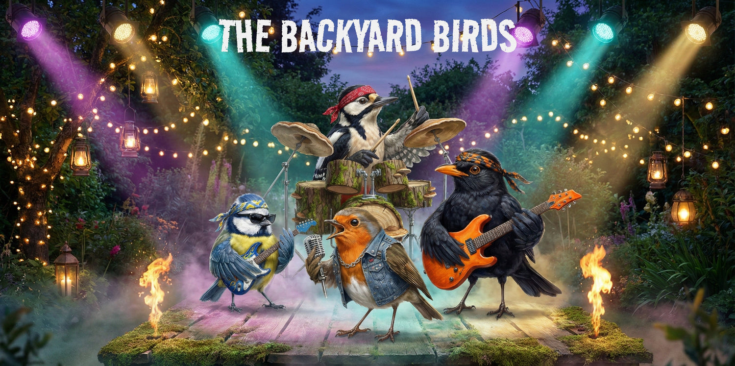 vögel spielen instrumente in einer band, gitarren, schlagzeug