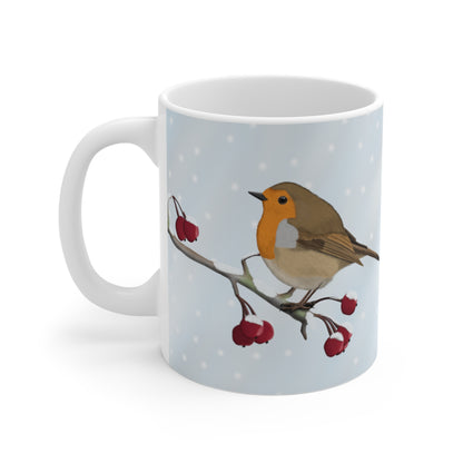 Rotkehlchen auf einem Ast im Winter Weihnachten Schnee Vogel Tasse