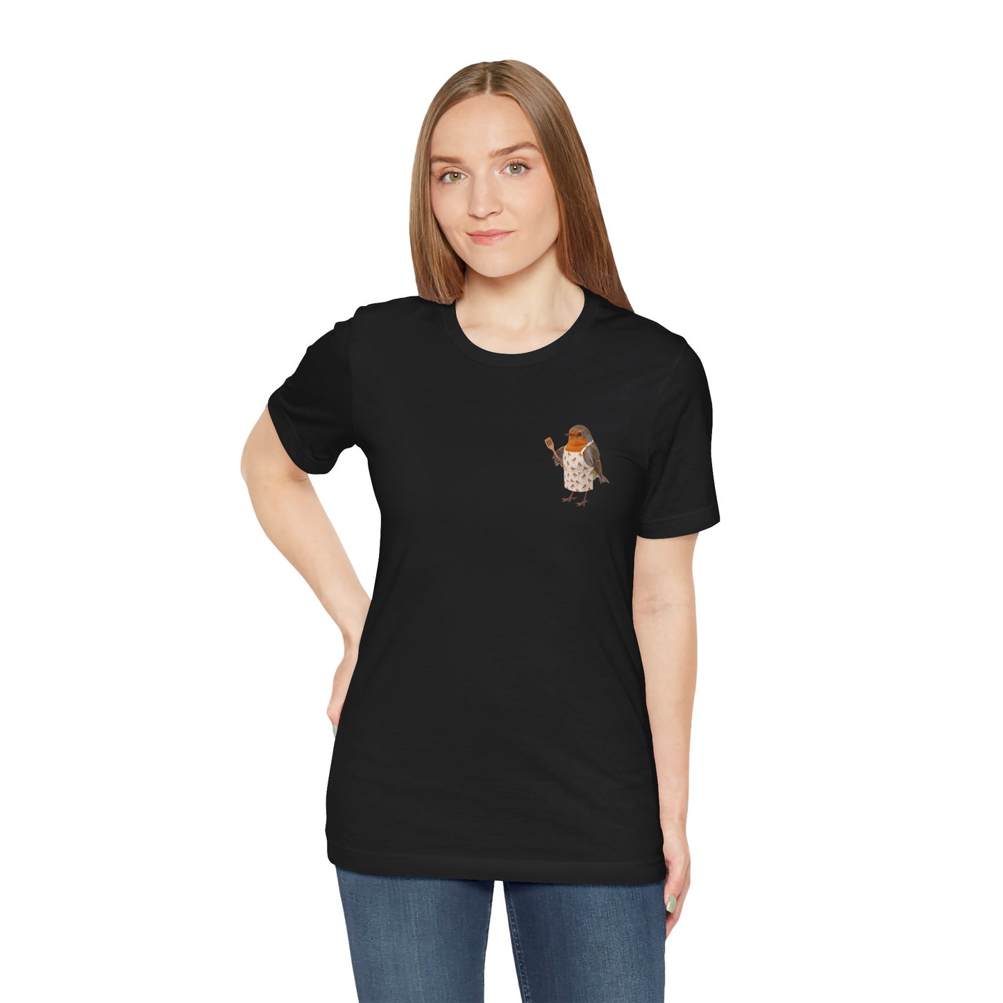 Lustiges Rotkehlchen T-Shirt mit Schürze & Pfannenwender | Niedliches Vogel-Motiv für Küche & Kochen