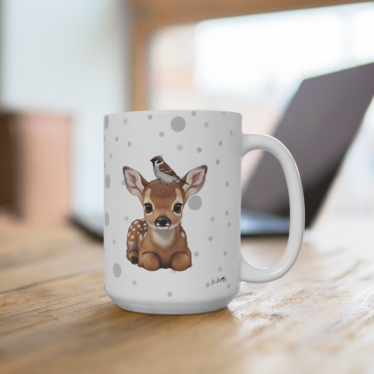 Rehkitz Tasse mit Spatz Tiermotiv Punkte Grau