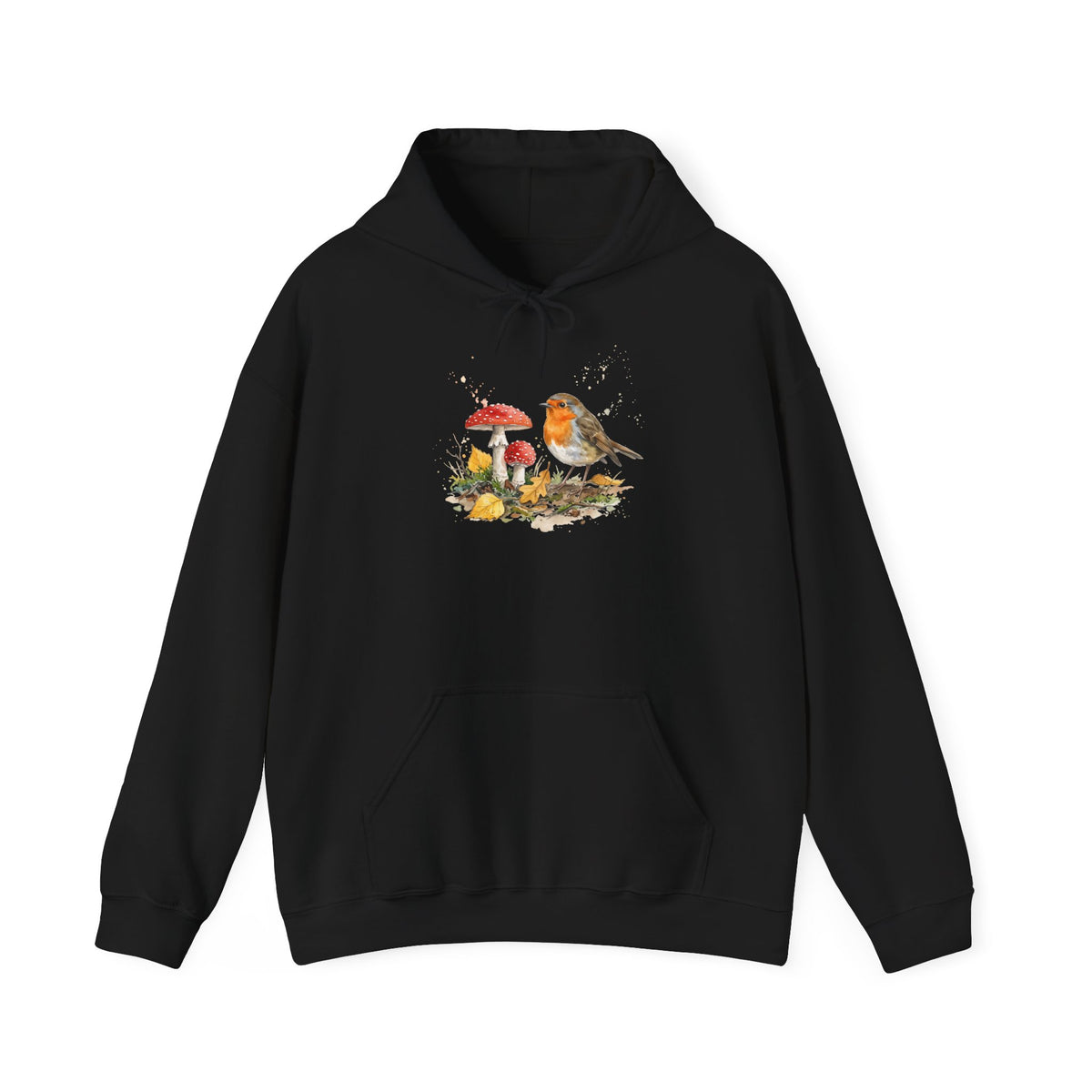 Rotkehlchen Herbst-Hoodie – Kuscheliger Kapuzenpullover mit Laub & Fliegenpilzen