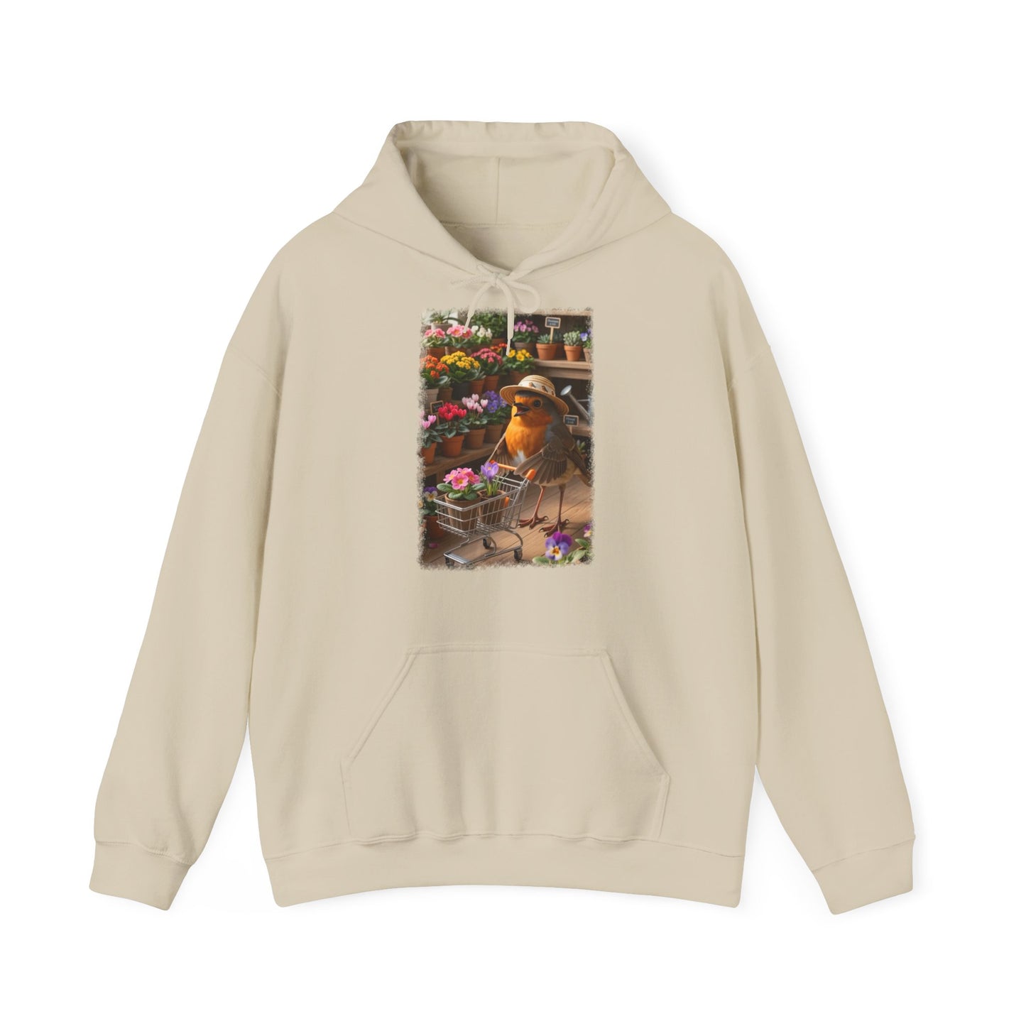 Lustiger Rotkehlchen Hoodie mit Blumen-Einkaufswagen | Süßer Vogel Kapuzenpullover für Pflanzenfans