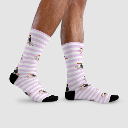 Tukan Socken mit Kirschblüten | Weiß Rosa gestreifte Vogelmotiv Strümpfe – Accessories,
