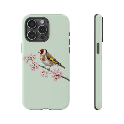 Stieglitz Handyhülle in Salbeigrün | Florales Kirschblüten Vogel-Motiv für iPhone & Google Pixel