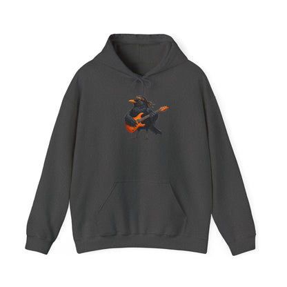 Grauer Amsel Hoodie für Damen und Herren mit gemaltem Vogel-Motiv mit E-Gitarre (Blacky Amsel) – Musik Kapuzenpullover