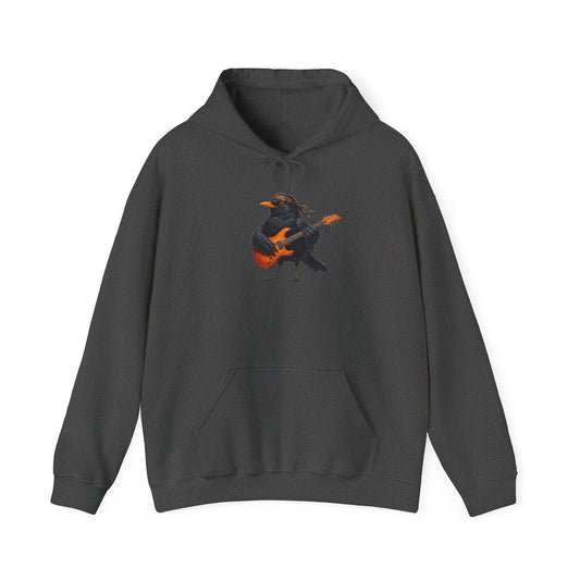 Grauer Amsel Hoodie für Damen und Herren mit gemaltem Vogel-Motiv mit E-Gitarre (Blacky Amsel) – Musik Kapuzenpullover