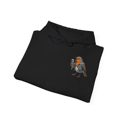 Rocky Rotkehlchen mit Mikrofon – Premium Band-Hoodie | Die Gartenvögel