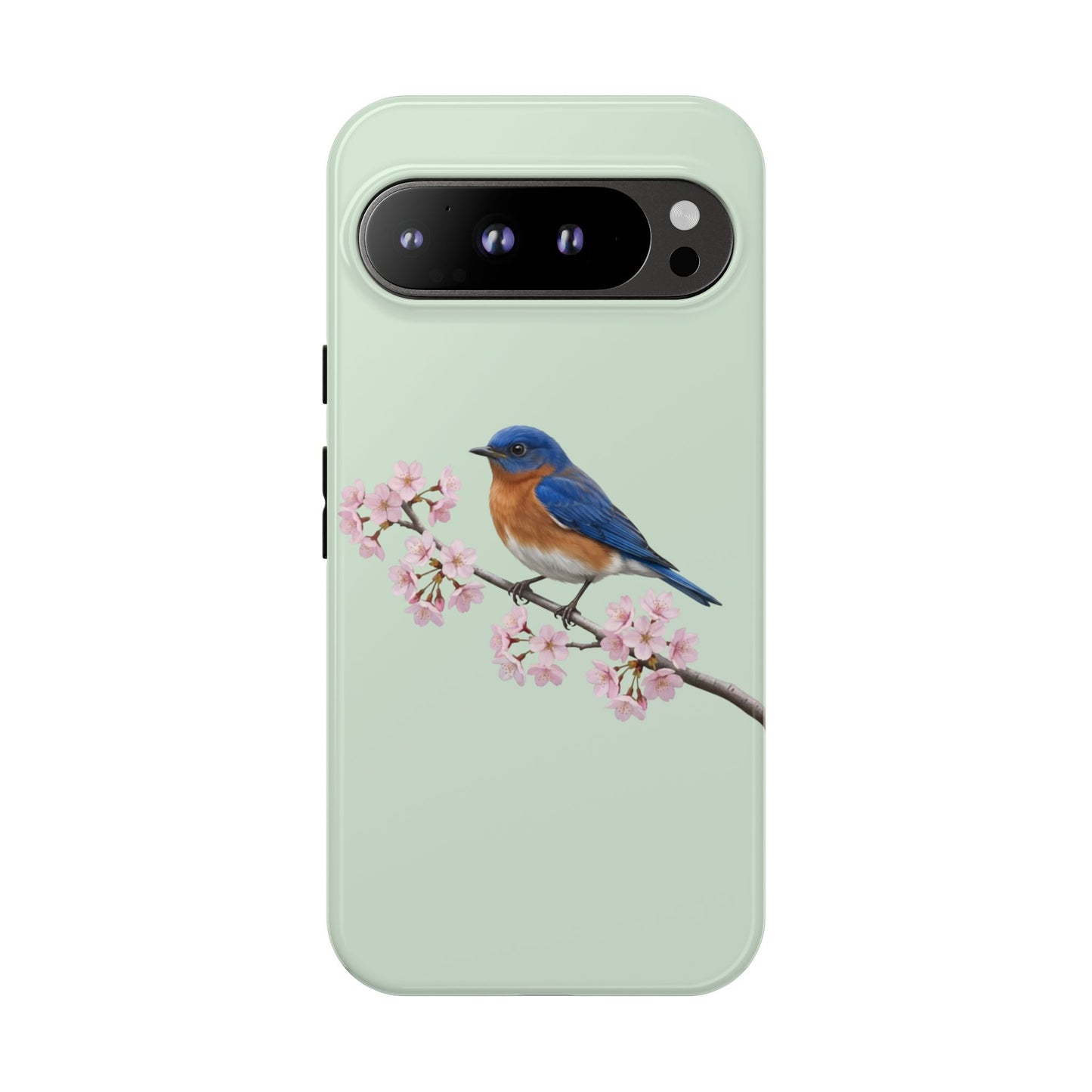 Rotkehl-Hüttensänger Handyhülle in Salbeigrün | Florales Kirschblüten Vogel-Motiv für iPhone & Google Pixel