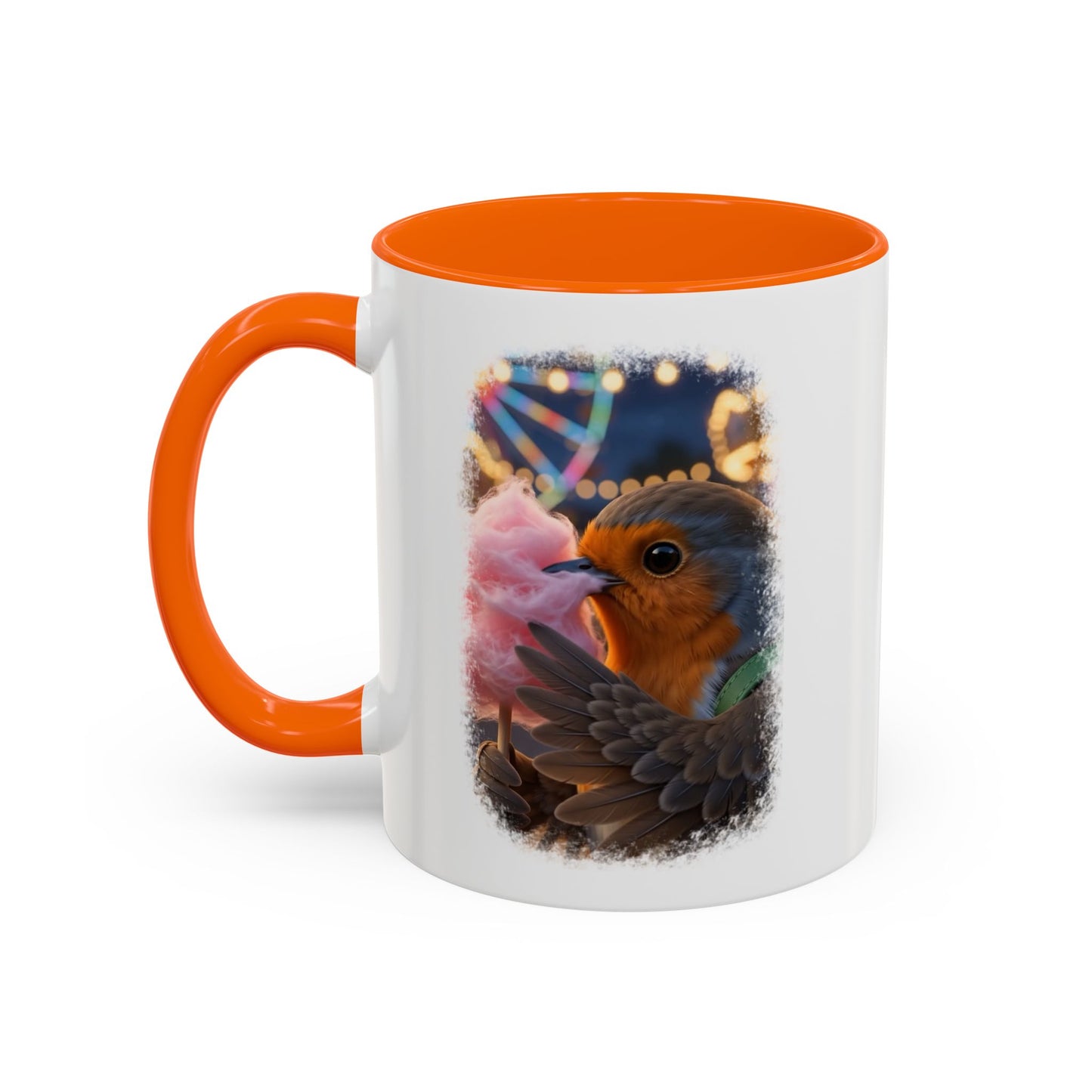 Rosi Rotkehlchen mit Zuckerwatte Keramiktasse – Kaffeebecher mit farbigem Henkel