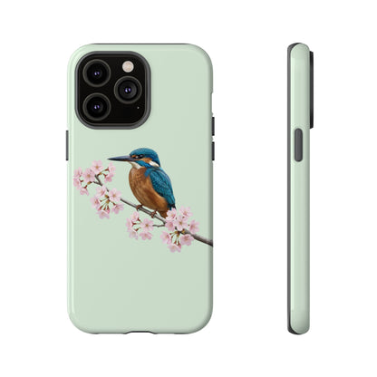 Eisvogel Handyhülle in Salbeigrün | Florales Kirschblüten Vogel-Motiv für iPhone & Google Pixel