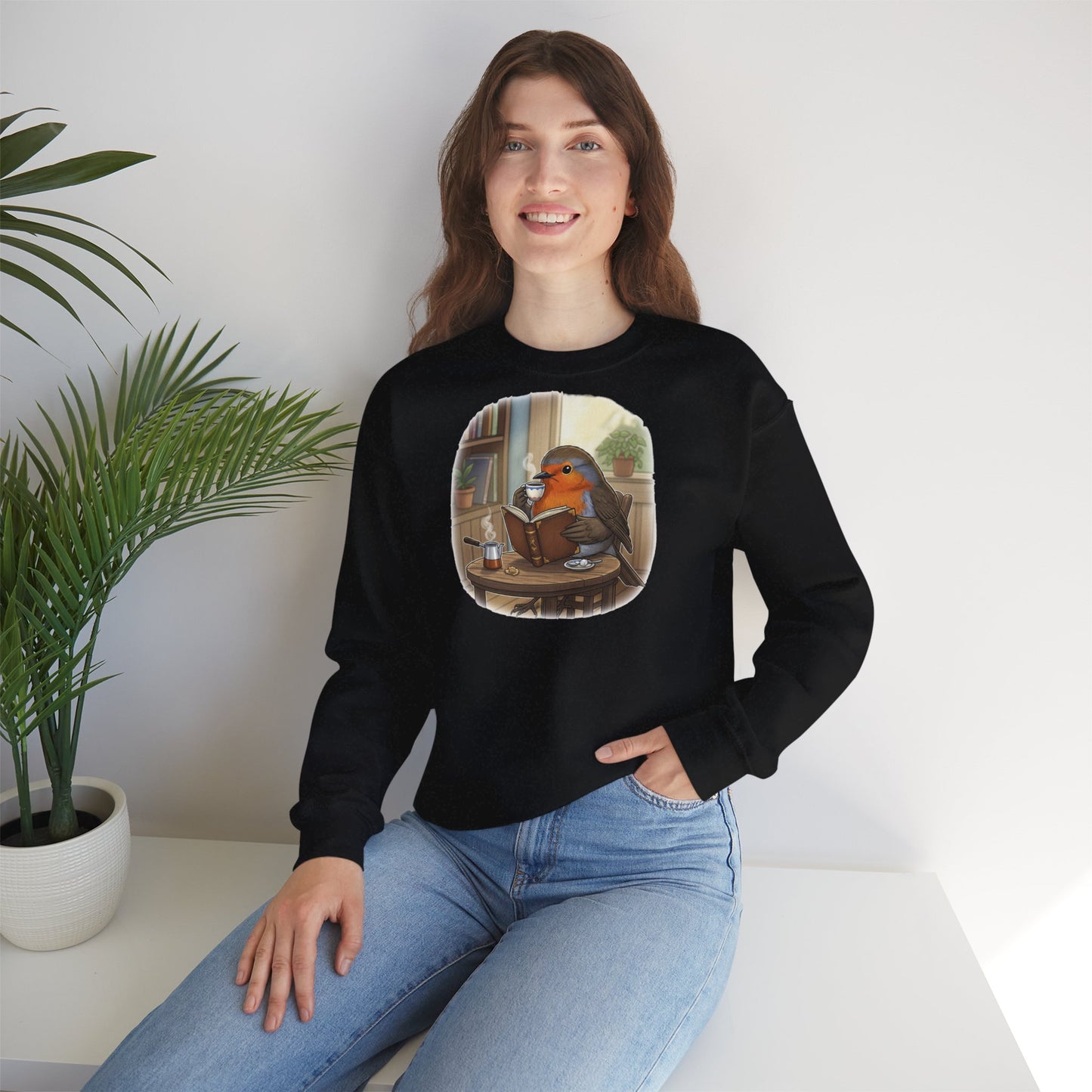 Rotkehlchen liest Bücher und trinkt Kaffee Vogel Sweatshirt für Vogelbeobachter