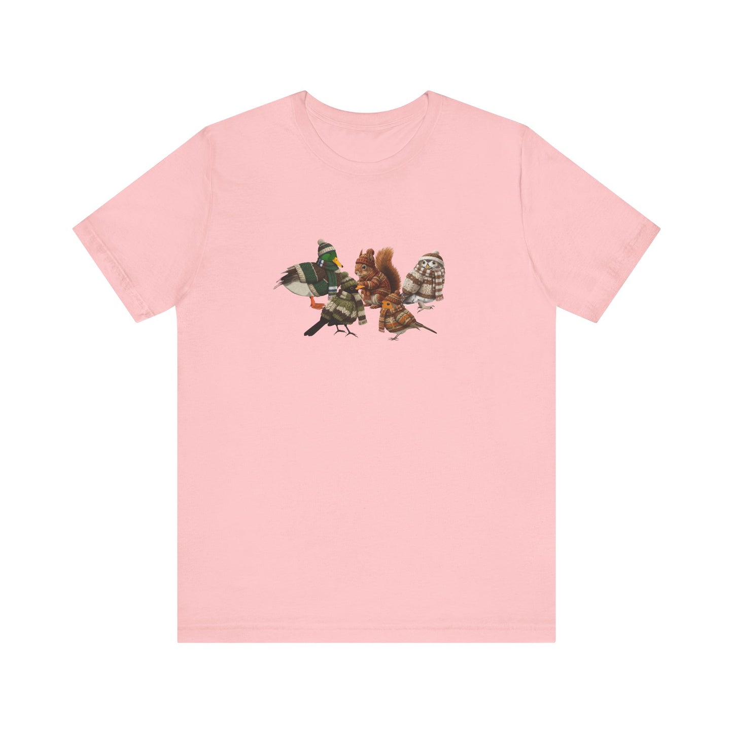 Lustiges Vogelmotiv Winter T-Shirt: Die kuschelige Garten-Gang mit Mütze & Pullover