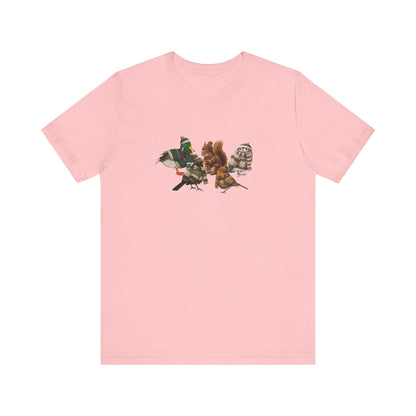 Lustiges Vogelmotiv Winter T-Shirt: Die kuschelige Garten-Gang mit Mütze & Pullover