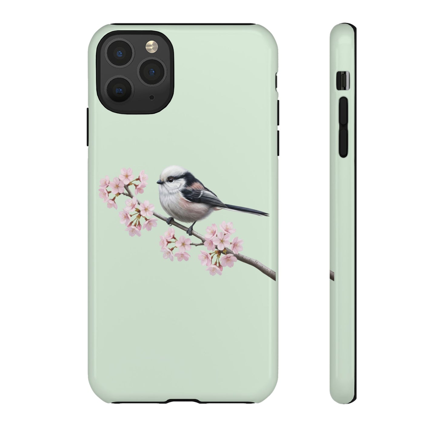 Schwanzmeise Handyhülle in Salbeigrün | Florales Kirschblüten Vogel-Motiv für iPhone & Google Pixel – animal lover,