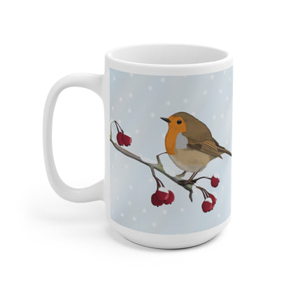 Rotkehlchen auf einem Ast im Winter Weihnachten Schnee Vogel Tasse