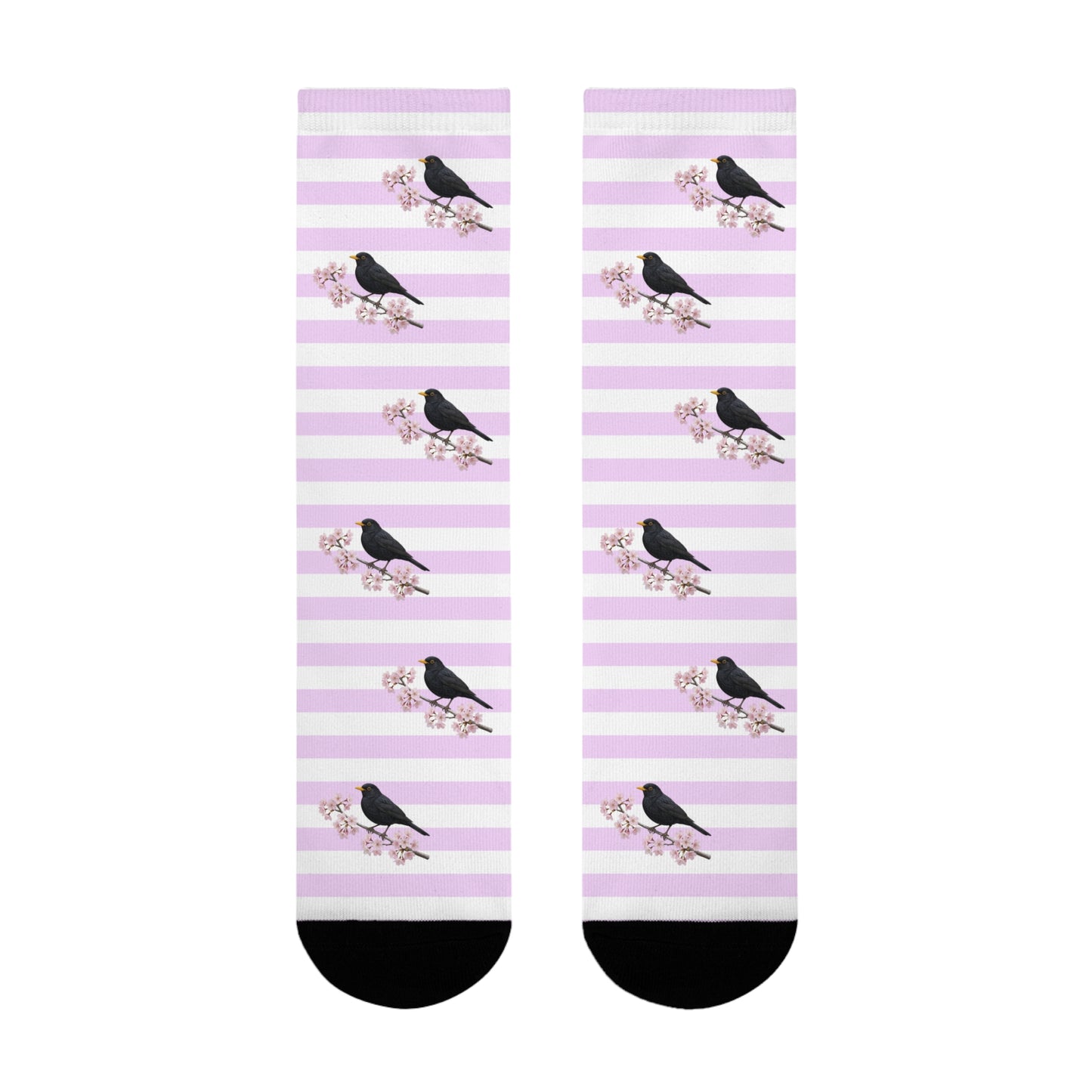Amsel Socken mit Kirschblüten | Weiß Rosa gestreifte Vogelmotiv Strümpfe – Accessories,