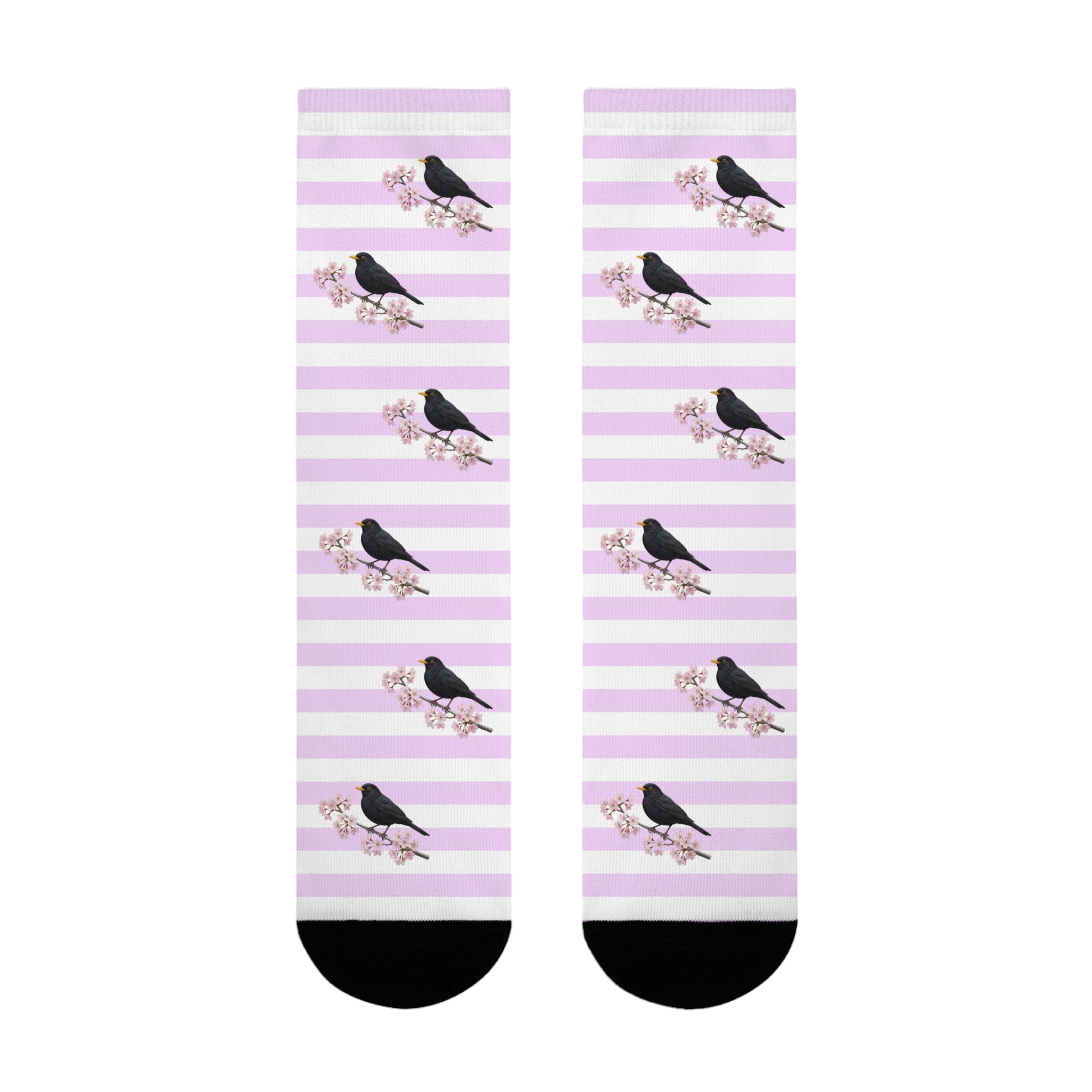Amsel Socken mit Kirschblüten | Weiß Rosa gestreifte Vogelmotiv Strümpfe – Accessories,