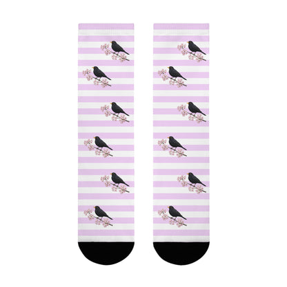 Amsel Socken mit Kirschblüten | Weiß Rosa gestreifte Vogelmotiv Strümpfe – Accessories,