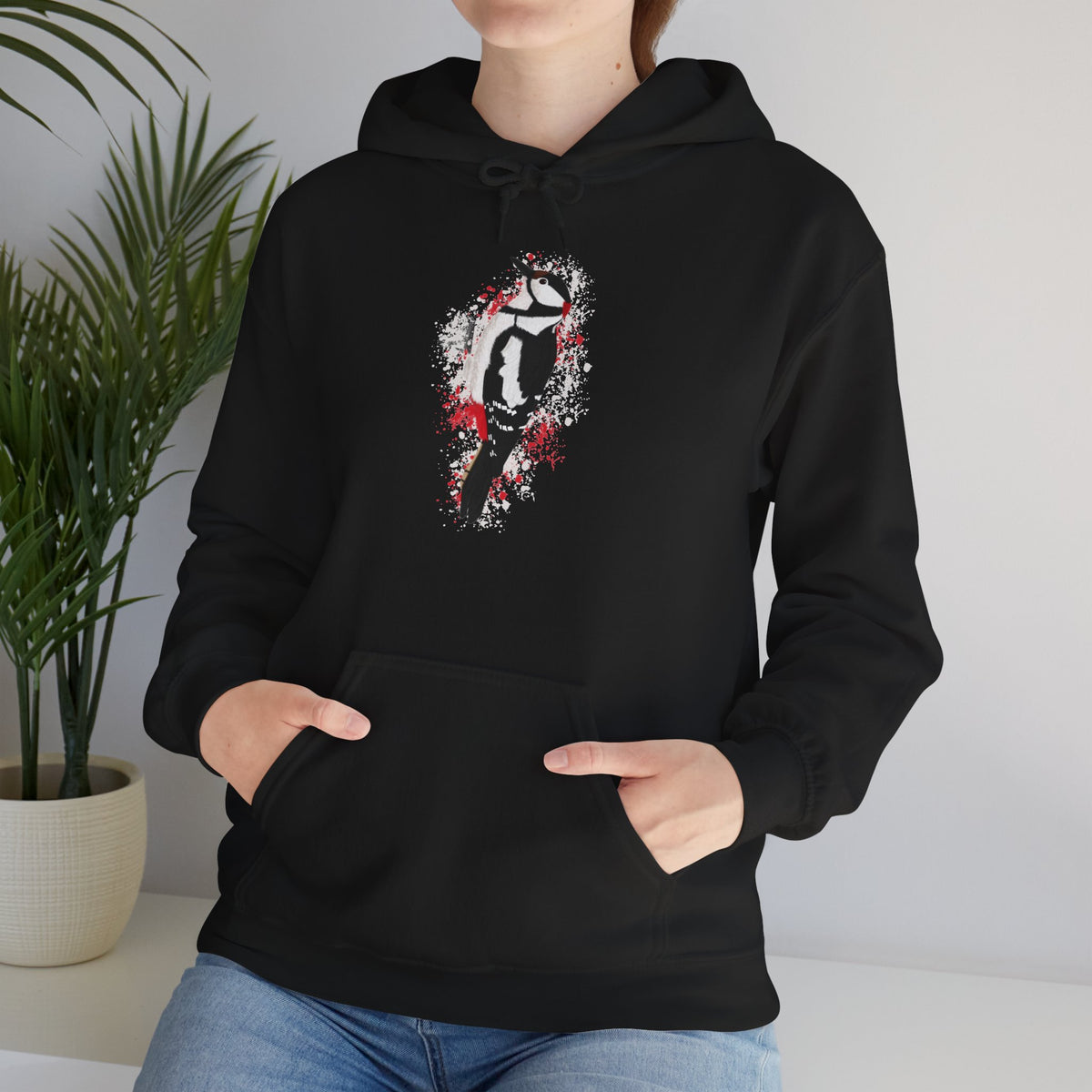 Buntspecht Hoodie – Motiv-Kapuzenpullover im Art-Design mit Sprenkel-Hintergrund
