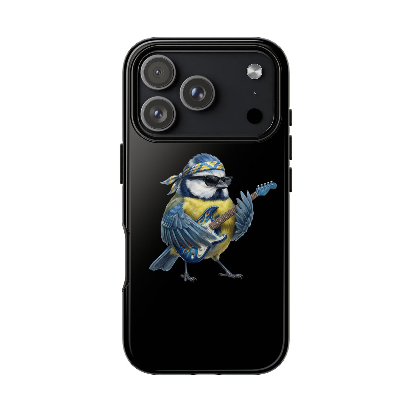 Blaumeise mit Gitarre Premium Handyhülle – Doppelt Geschützt & Rundum Bedruckt Schwarz