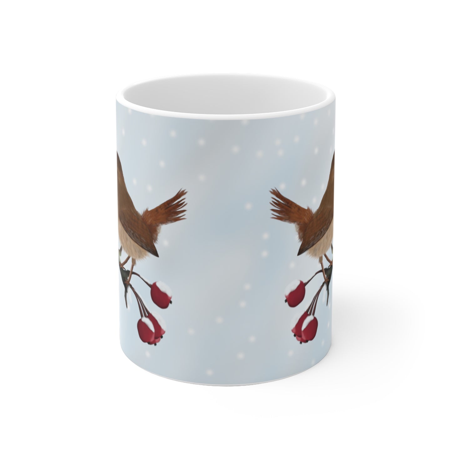 Zaunkönig auf einem Ast im Winter Weihnachten Schnee Vogel Tasse