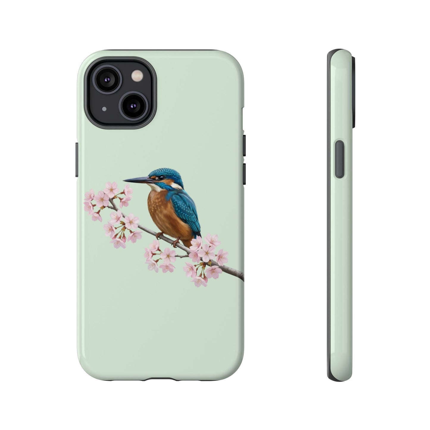 Eisvogel Handyhülle in Salbeigrün | Florales Kirschblüten Vogel-Motiv für iPhone & Google Pixel